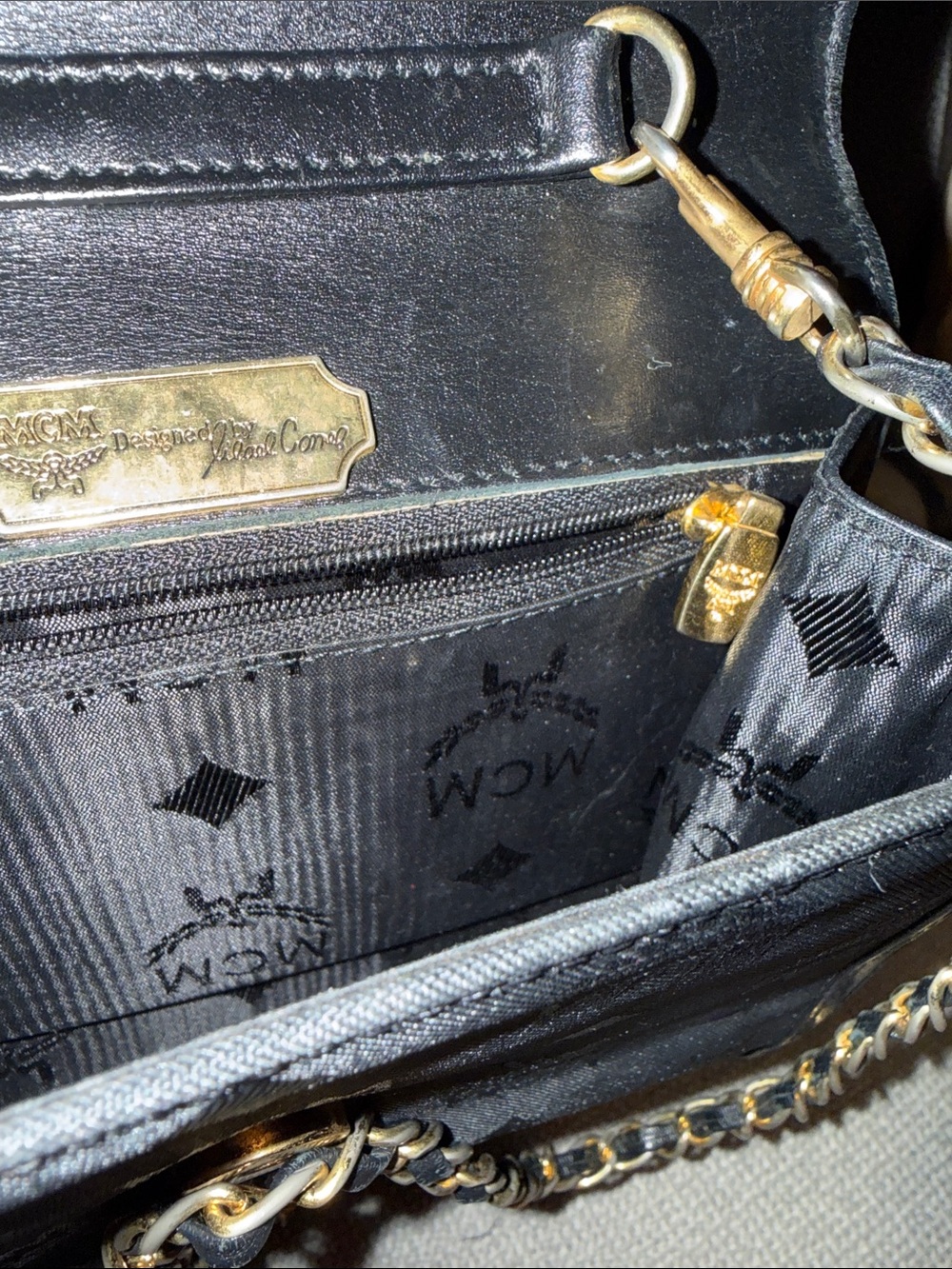 MCM Black Monogram Chain Shoulder Bag Clutch with Gold Plate - Picture 10 of 12